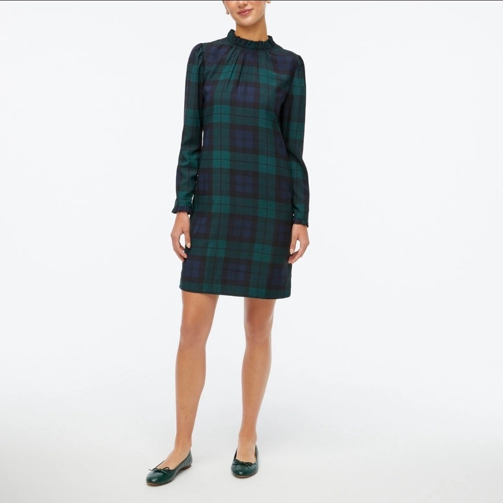 J.Crew BA830 Classy Chic Green Sz 14 Watch Plaid Ruffle-neck Shift Dress Office